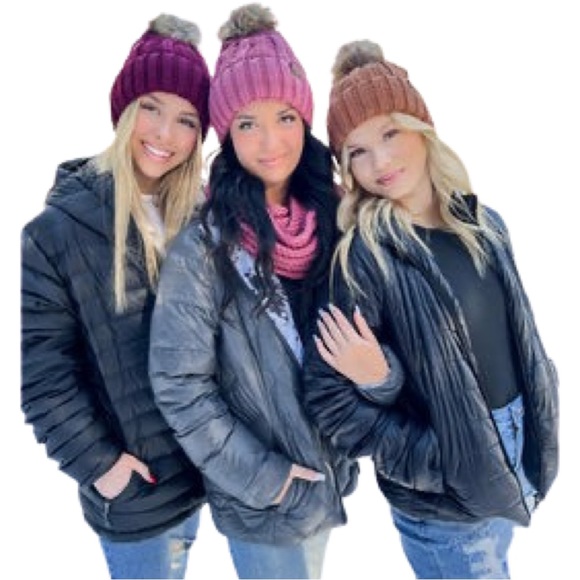 C.C. Beanie Solid Beige Color Slouchy Knit Stocking Cap with Faux Fur Pom Pom - Picture 1 of 5